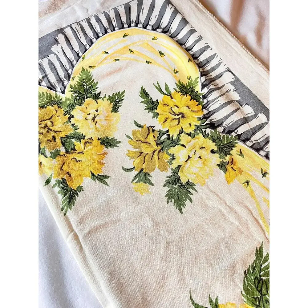 Vintage Yellow and Orange Floral Tablecloth with Swag Fringe Pattern
